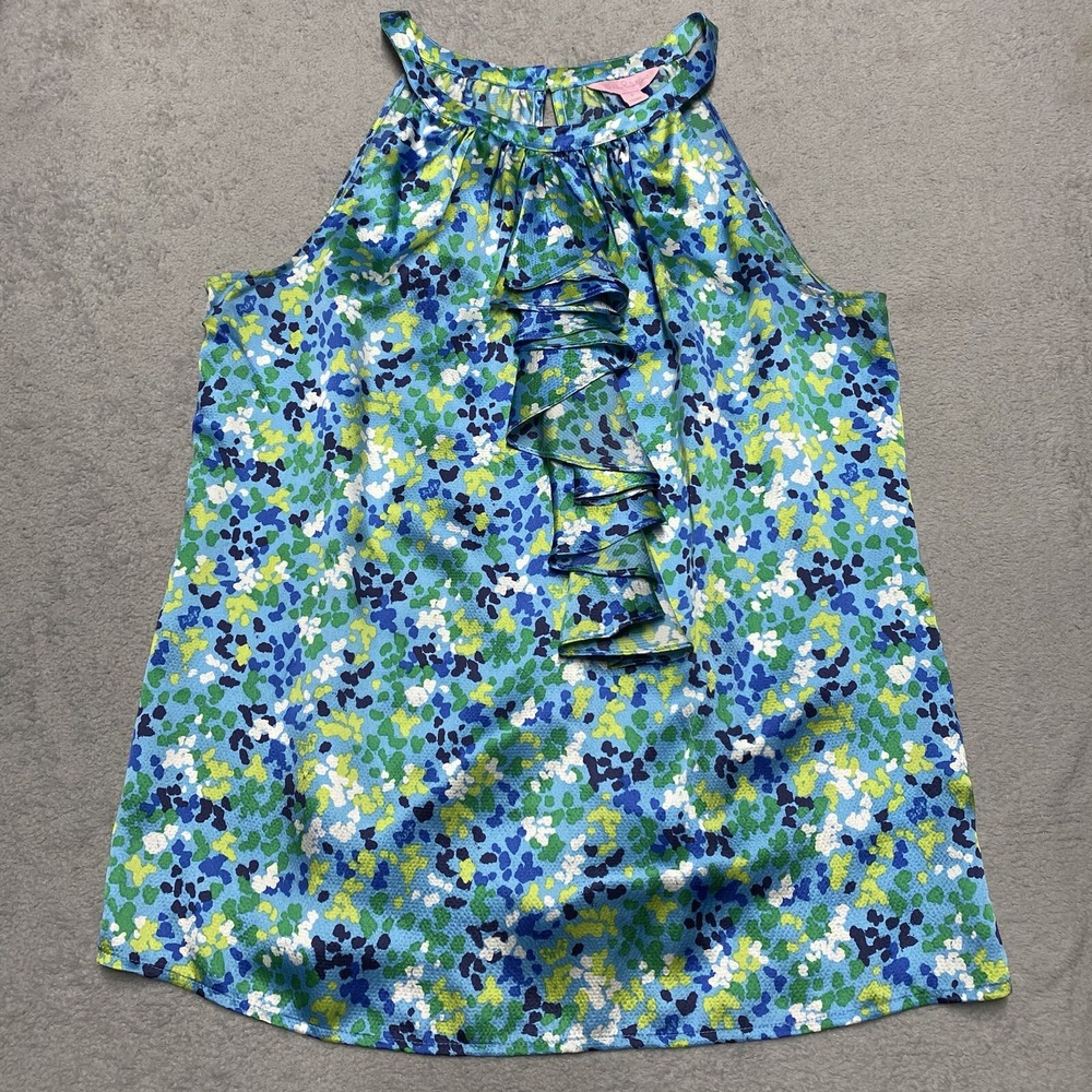 Lilly Pulitzer Silk Tank Top 8 Blue Green Ruffle Oops I Spilled It Print Halter